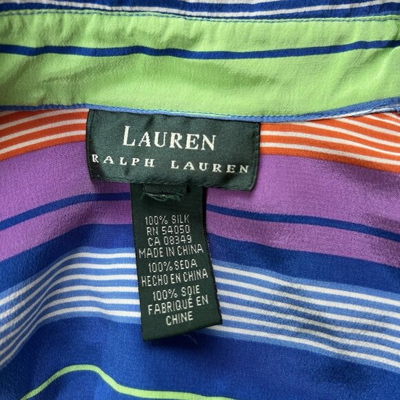 Lauren Ralph Lauren 100% Silk Striped Multicolored Collared Shirt Top Blouse - Picture 4 of 6